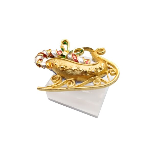 Vintage MYLU Gold-Tone Enamel Sleigh Brooch Pin Candy Cane & Bow Design Christma - Picture 2 of 3